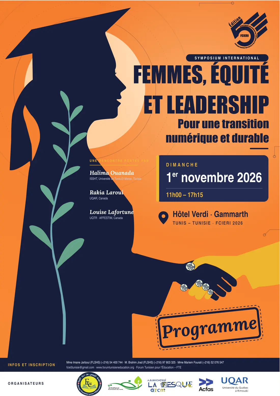Couverture du programme du Symposium international « Femmes, équité et leadership »