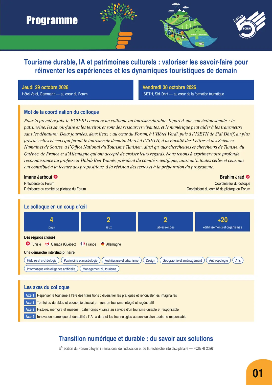 Programme — Colloque Tourisme durable, IA et patrimoines culturels, FCIERI 2026 — page 2 sur 8