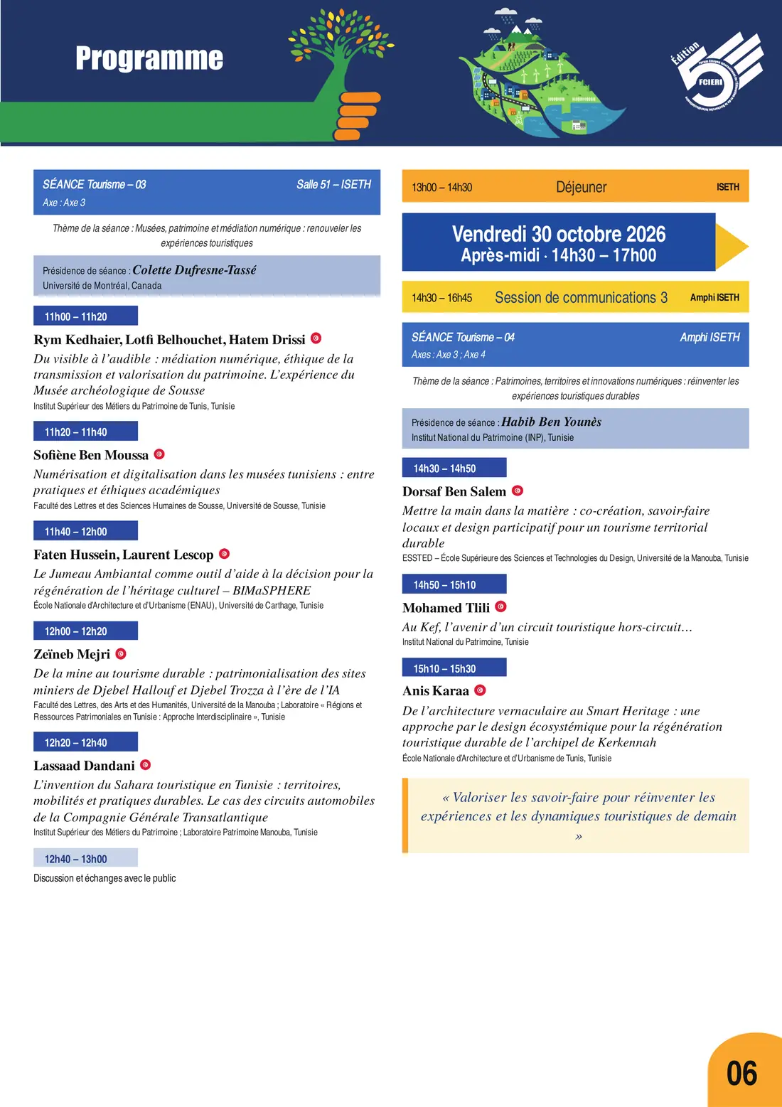 Programme — Colloque Tourisme durable, IA et patrimoines culturels, FCIERI 2026 — page 7 sur 8